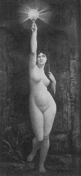 A Female Nude With Lamp (liberty?) Oil Painting by Ferdinand Keller