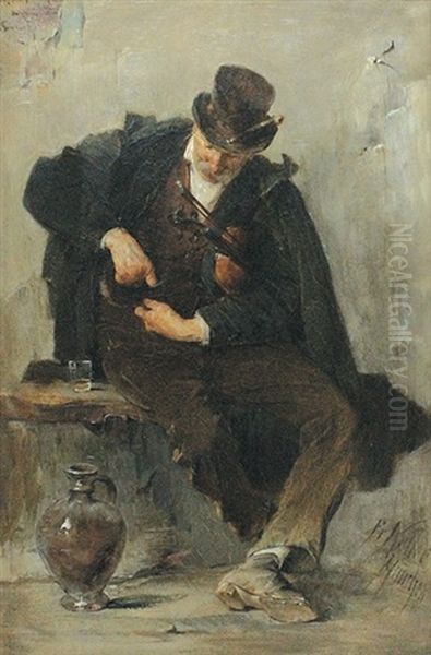 Auf Einer Bank Rastender Geiger, Zu Seinen Fusen Ein Weinkrug Oil Painting by Friedrich von Keller