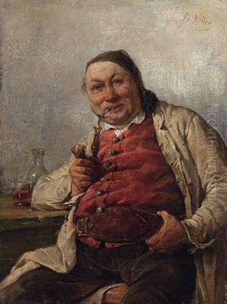 Pfeife Rauchender Bauer, Mit Breiter Geldkatze, Gemutlich Bei Einem Glas Wein Am Tisch Sitzend Oil Painting by Friedrich von Keller