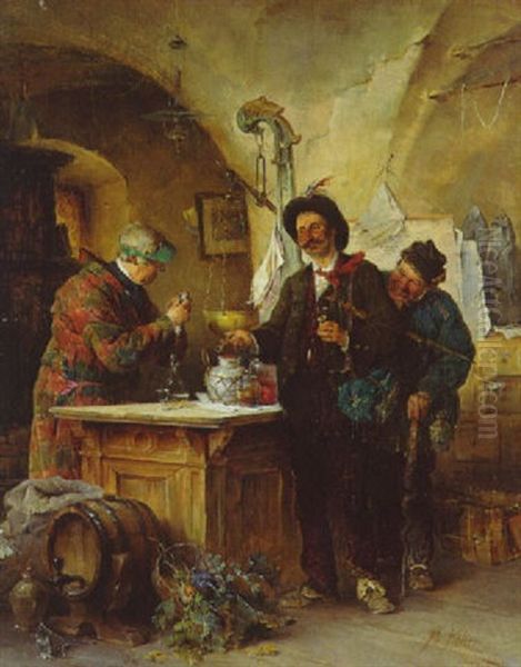 Zwei Vagabunden Im Kramerladen, Wo Der Handler Hinter Der Theke Kritisch Die Munze Der Beiden Pruft Oil Painting by Friedrich von Keller