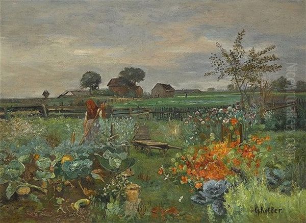 Dachauer Bauerngarten Oil Painting by Gustav Keller