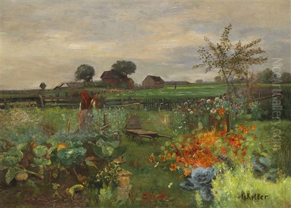 Bauerin Im Gemusegarten Oil Painting by Gustav Keller