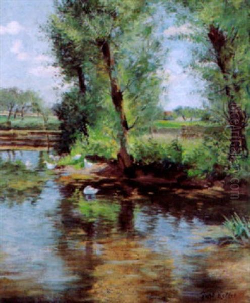 Ganse Am Teich Oil Painting by Gustav Keller