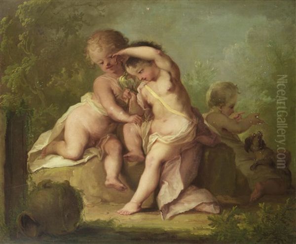 Putti Playing With A Bird And A Dog Oil Painting by Johann Heinrich Keller