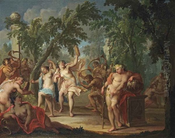 A Bacchanal In A Wooded Landscape With Nymphs Dancing And Satyrs Blowing Horns Oil Painting by Johann Heinrich Keller