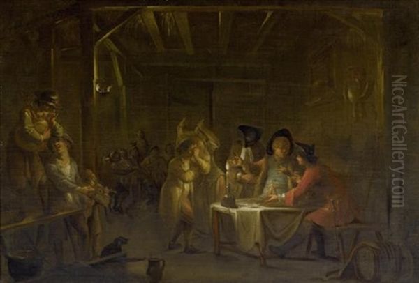 Wirtshausszene Mit Musikanten, Soldaten Und Gasten An Einem Tisch Oil Painting by Johann Heinrich Keller