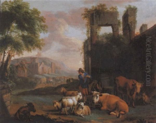 Hirte Mit Kuhen, Ziegen Und Schafen Vor Antiken Ruinen Oil Painting by Johann Heinrich Keller