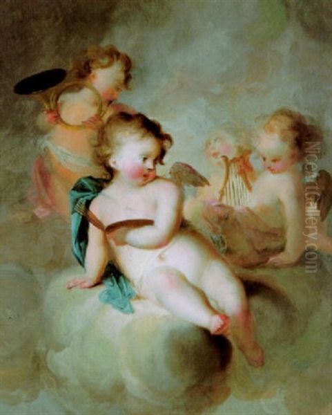 Musizierende Und Malende Putten In Den Wolken, Allegorie Der Musik Und Malerei Oil Painting by Johann Heinrich Keller