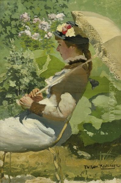 Junge Frau Mit Sonnenschirm Im Sommergarten Oil Painting by Paul Wilhelm Keller-Reutlingen