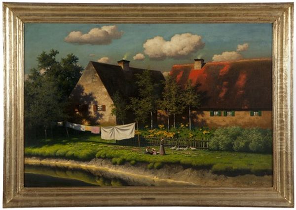 Summer At A Farmhouse With Figures Oil Painting by Paul Wilhelm Keller-Reutlingen