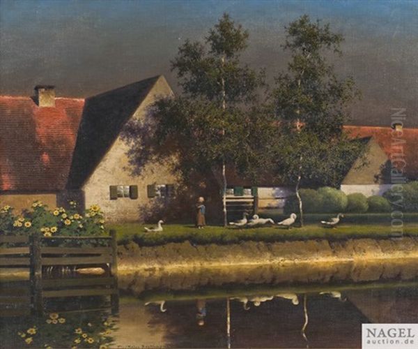 Sommeridyll Mit Strickender Ganseliesel Hinterm Bauernhaus Oil Painting by Paul Wilhelm Keller-Reutlingen