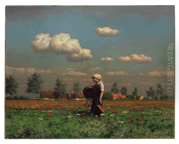 A Girl In A Field Of Poppies Oil Painting by Paul Wilhelm Keller-Reutlingen