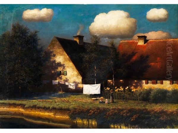 Gehoft Unter Wolken Im Spatsommerlicht Oil Painting by Paul Wilhelm Keller-Reutlingen