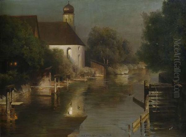 Flusslauf Mit Kapelle Von Furstenfeldbruck Oil Painting by Paul Wilhelm Keller-Reutlingen