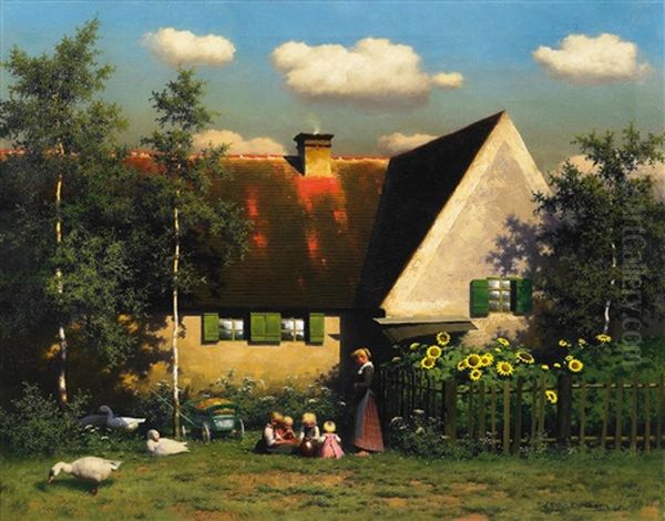 Idyll Auf Dem Lande. Mutter Und Kinder Vor Dem Bauernhaus Oil Painting by Paul Wilhelm Keller-Reutlingen