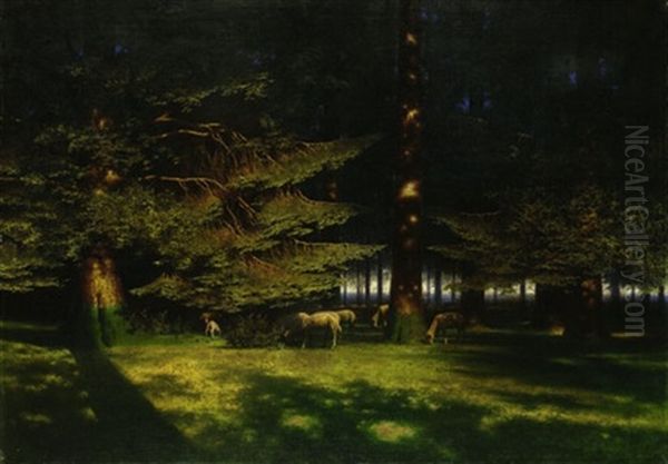 Waldlichtung Im Abendlicht Mit Grasenden Schafen Oil Painting by Paul Wilhelm Keller-Reutlingen