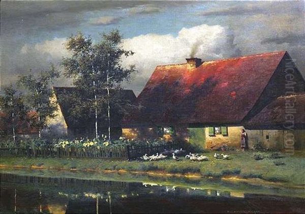 An Einem Bauernhaus Eine Junge Ganseliesel Mit Ihren Schutzlingen Oil Painting by Paul Wilhelm Keller-Reutlingen