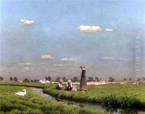 Girls With Ducks In A Field Oil Painting by Paul Wilhelm Keller-Reutlingen