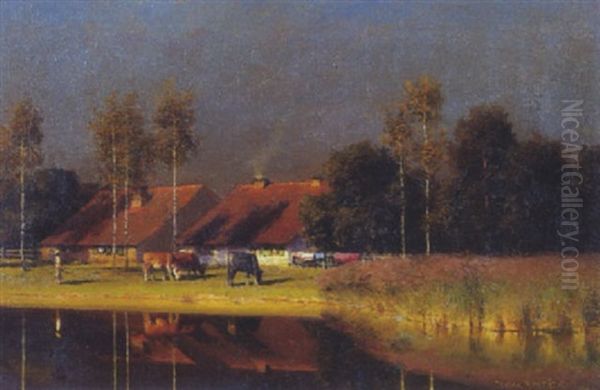 A View Of Houses With Cattle Grazing Alongside A River-bank Oil Painting by Paul Wilhelm Keller-Reutlingen