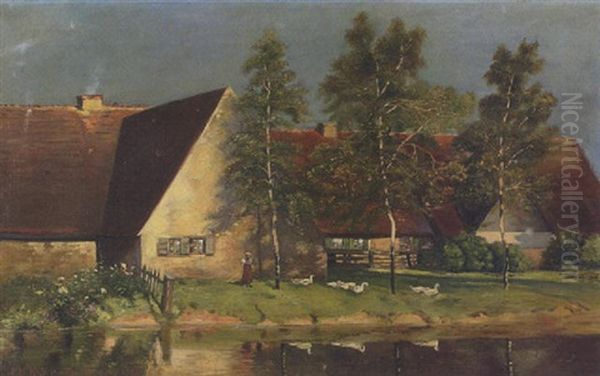 Bauernhof Am Wasser Oil Painting by Paul Wilhelm Keller-Reutlingen