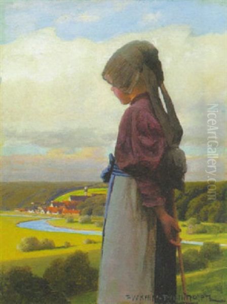 Kleines Madchen In Tracht (dachauerin?), In Ein Flusstal Mit Einer Ortschaft Blickend Oil Painting by Paul Wilhelm Keller-Reutlingen