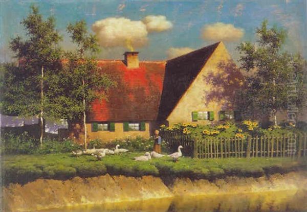 Eine Junge Ganseliesel Steht Vor Einem Bauerhaus Und Hutet Ihre Schutzlinge Oil Painting by Paul Wilhelm Keller-Reutlingen