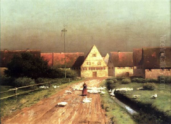 Ein Junges Madchen Hutet Ihre Ganseschar Auf Einer Breiten Dorfstrase Oil Painting by Paul Wilhelm Keller-Reutlingen