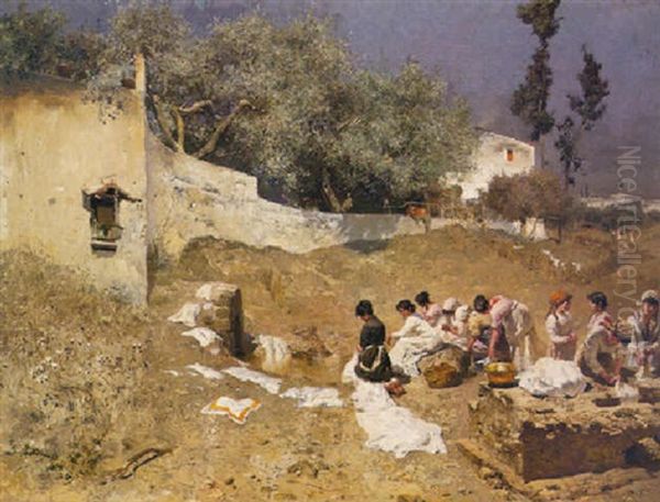 Laundresses In The Italian Campagna Oil Painting by Paul Wilhelm Keller-Reutlingen