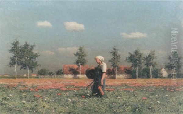 A Girl In A Field Of Flowers Oil Painting by Paul Wilhelm Keller-Reutlingen