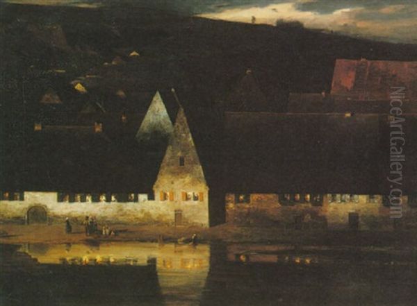 A Lakeside House By Night Oil Painting by Paul Wilhelm Keller-Reutlingen