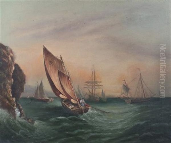 Ships At Sea Near Cliff Oil Painting by Mary K. Kellogg