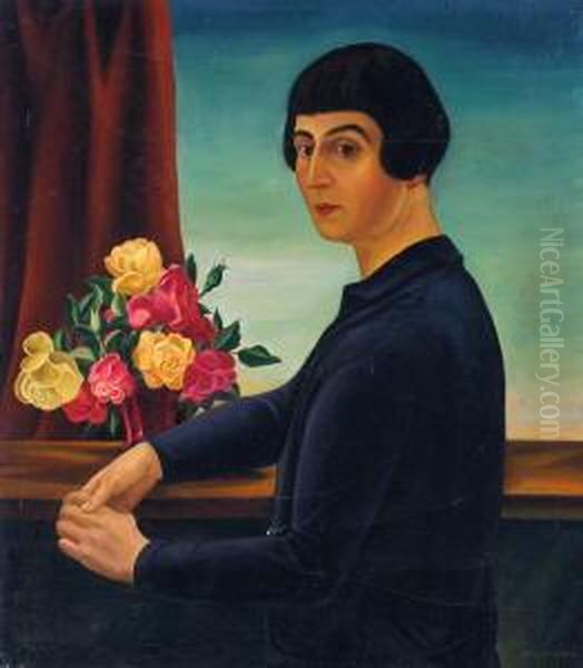 Portrait Einer Dame Mit Bubikopf Im Dunklen Kleid An Der Veranda, Links Ein Roter Vorhang Mit Roten Und Gelben Rosen Oil Painting by Hans Otto Baumann