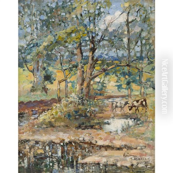 Cattle Watering In A Woodland Glade Oil Painting by Thomas Meikle Kelly