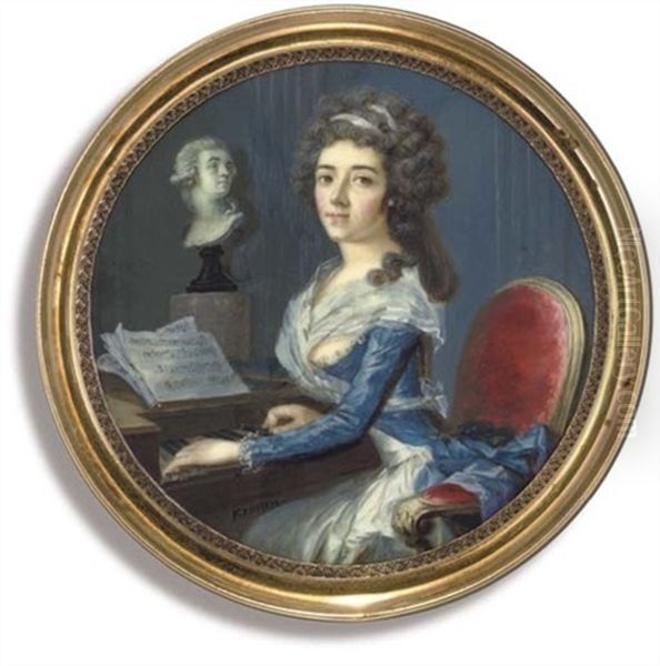 A Young Lady, Playing A Pianoforte, Seated In A Gilt-wood Red Upholstered Chair Oil Painting by Georges Antoine Keman