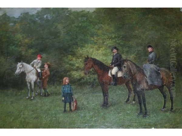 A Family With Their Horses Oil Painting by Jenoe (Eugen) Kemendy