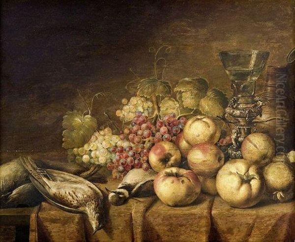 Nature Morte Aux Pommes, Raisins, Verre Roemer Et Oiseaux Sur Unentablement Oil Painting by Jan, Johannes Baumann