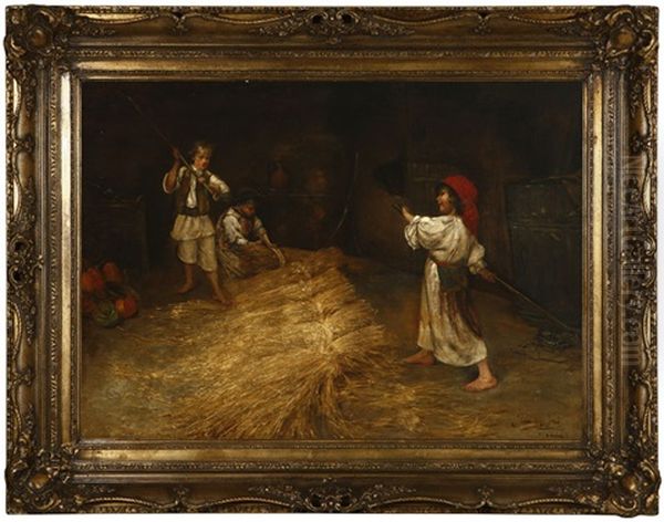 Children Bundling Wheat In A Barn Interior Oil Painting by Jenoe (Eugen) Kemendy