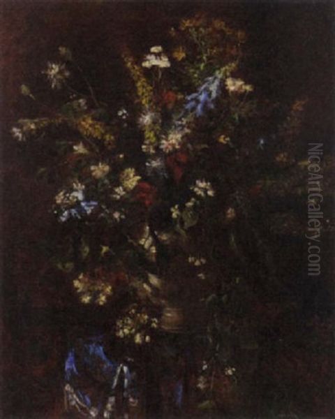 Bluebells, Morning Glory And Other Flowers In A Vase On A Draped Ledge Oil Painting by Jenoe (Eugen) Kemendy