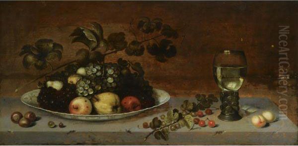 A Still Life With Grapes, Apples, A Quince And Pears On A Wan-li Porcelain Dish, Together With Medlars, Gooseberries, Cherries And Peaches, All On A Stone Ledge With A Roemer Oil Painting by Jan, Johannes Baumann