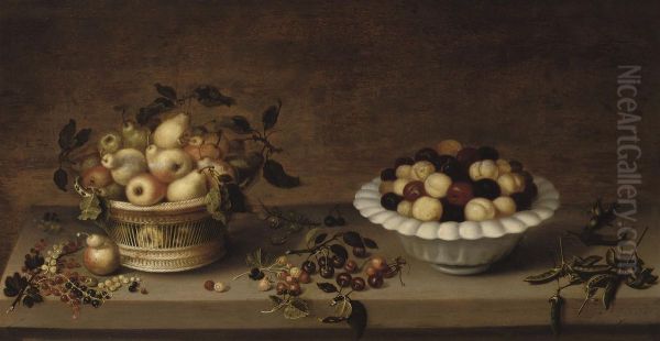 Pears In A Wicker Basket Oil Painting by Jan, Johannes Baumann