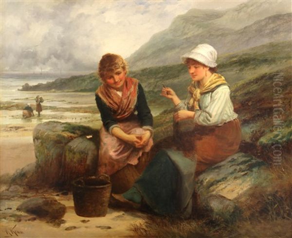 Fishergirls Mending Nets On The Beach Oil Painting by Robert Kemm