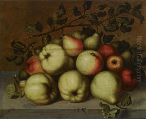 A Still Life With Pears And Apples On A Stone Ledge Oil Painting by Jan, Johannes Baumann