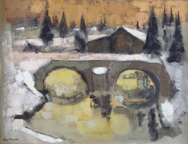 Pont Sur Le Doubs Sous La Neige Oil Painting by Jean Henri Baumann