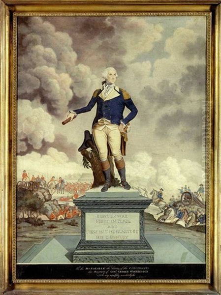 A Portrait Of General George Washington Against The Backdrop Of A Battle Scene - The Whiskey Rebellion Riots? (after John Eckstein,  W/copy Of Engraving, Verso) Oil Painting by Frederick Kemmelmeyer