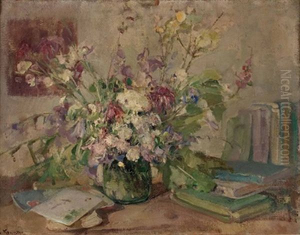 Blumenstillleben Mit Buchern Oil Painting by Caroline Kempter