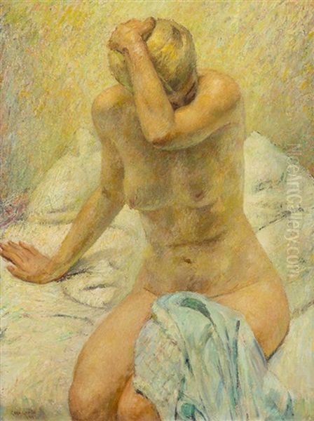 Nude On A Bed Oil Painting by Geza Kende