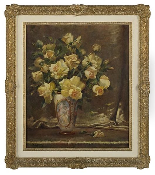 Still Life Of Yellow Roses In A Porcelain Vase Oil Painting by Geza Kende