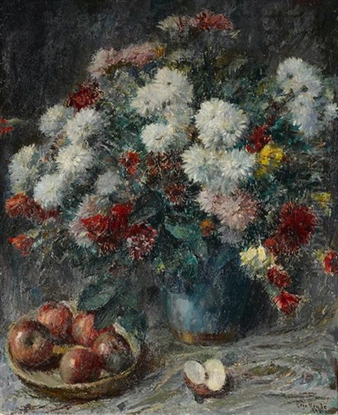 Still Life With Apples And Chrysanthemums Oil Painting by Geza Kende