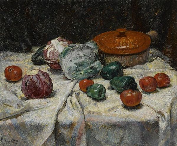 Stoneware And Cabbage (still Life With Vegetables) Oil Painting by Geza Kende