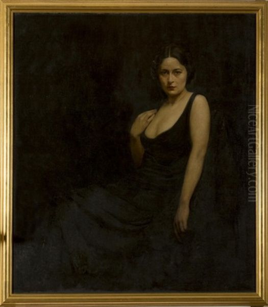 Portrait Of A Woman In Black Oil Painting by Geza Kende